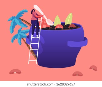 Brazil Food Concept. Tiny Female Character Stand on Ladder Cooking Traditional Delicious Feijoada Meal Made of Stew of Beans with Beef and Pork Typical Brazilian Dish. Cartoon Flat Vector Illustration