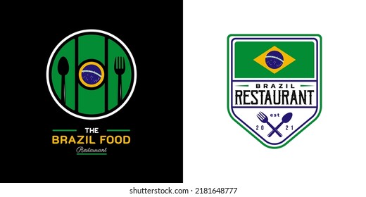 Brazil Food Restaurant Logo. Brazil flag symbol with Spoon, and Fork icons. Premium and Luxury Logo