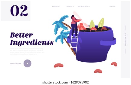 Brazil Food Website Landing Page. Tiny Woman Stand on Ladder Cooking Traditional Delicious Feijoada Meal Made of Stew of Beans with Beef and Pork Web Page Banner. Cartoon Flat Vector Illustration