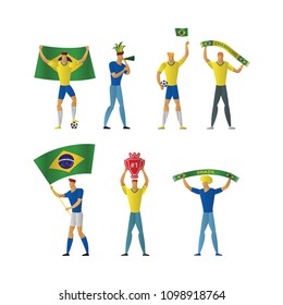 Brazil football fans. Cheerful soccer supporters crowd. vector illustration.