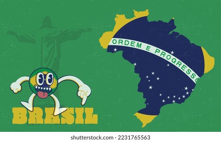 Brazil football or soccer background with an illustration of a flag and ball cartoon character, vector illustration