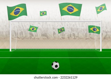 Brazil football team fans with flags of Brazil cheering on stadium, penalty kick concept in a soccer match. Sports vector illustration.