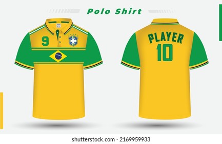  Brazil Football team jersey Design along with the Brazil flag and icon. Men's polo shirt design.