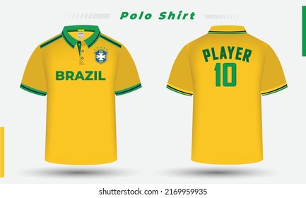  Brazil Football Team Jersey Design Along With The Brazil Flag And Icon. Men's Polo Shirt Design.