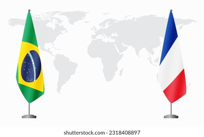 Brazil and France flags for official meeting against background of world map, vector