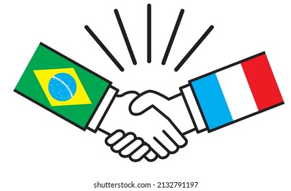 Brazil and France, handshakes with flags. Image illustrations of wars, conflicts, alliances, reconciliations, agreements between nations, icons.