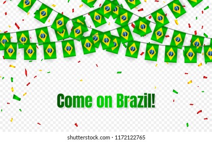 Brazil garland flag with confetti on transparent background, Hang bunting for celebration template banner, Vector illustration.