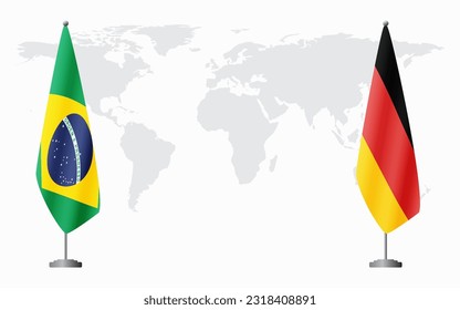 Banderas de Brasil y Alemania para una reunión oficial en el fondo del mapa mundial, vector