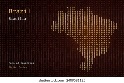 Brazil Gold Map Shown in Binary Code Pattern. TSMC. Matrix numbers, zero, one. World Countries Vector Maps. Digital Series