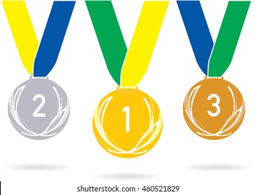 Brazil  gold, silver, bronze medal with the Laurel leaf. vector illustration