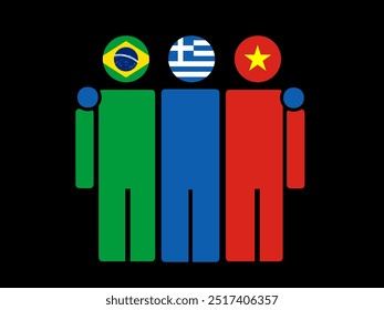 Brazil, Greece, and Vietnam National Flags With Embracing Body. Vector Illustration. Isolated background.