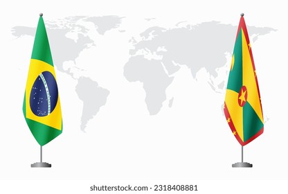 Brazil and Grenada flags for official meeting against background of world map, vector