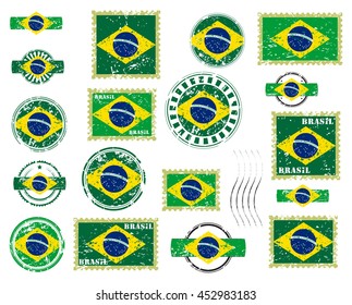 Estampillas postales y marcas postales en Brasil, aisladas en fondo blanco, ilustración vectorial.