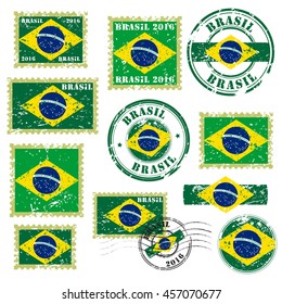 Brazil grunge postal stamps and postmarks set, isolated on white background, vector illustration.