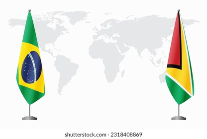 Brazil and Guyana flags for official meeting against background of world map, vector