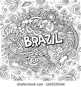 Brazil hand drawn cartoon doodles illustration. Funny travel design. Creative art vector background. Handwritten text with elements and objects. Colorful composition