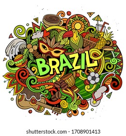 Brazil hand drawn cartoon doodles illustration. Funny travel design. Creative art vector background. Handwritten text with elements and objects. Colorful composition