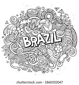 Brazil hand drawn cartoon doodles illustration. Funny travel design. Creative art vector background. Handwritten text with elements and objects. Colorful composition