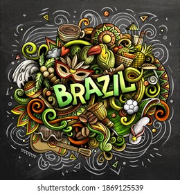 Brazil hand drawn cartoon doodles illustration. Funny travel design. Creative art vector background. Handwritten text with elements and objects. Colorful composition