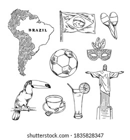 Brazil hand drawn symbols set. Vector Brazil illustrations isolated on white background. Sketch travel elements for Brazil