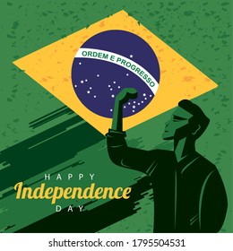 brazil happy independece day celebration with flag and strong man celebrating vector illustration design