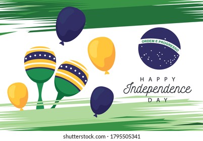 brazil happy independece day celebration with flag in balloons helium and maracas vector illustration design