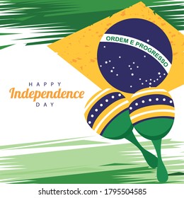 brazil happy independece day with flag and maracas vector illustration design