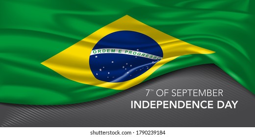 Tarjeta de saludo del Día de la Independencia de Brasil, cartel con ilustración del vector de texto de plantilla. Fiesta conmemorativa brasileña elemento de diseño del 7 de septiembre con bandera 3D con estrellas