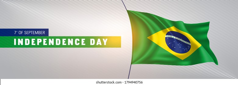 Brazil happy independence day greeting card, banner vector illustration. Brazilian national holiday 7th of September design element with 3D waving flag on flagpole