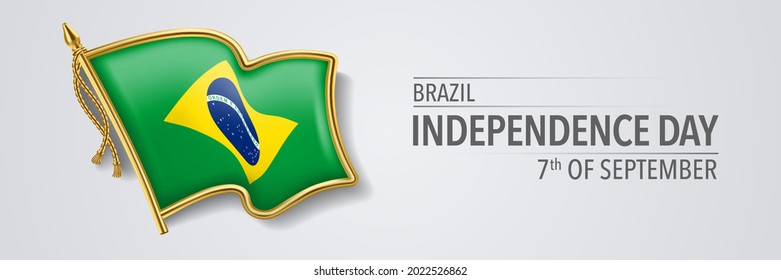 Brazil happy independence day greeting card, banner with template text vector illustration. Brazilian memorial holiday 7th of September design element with 3D flag with globe