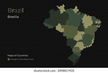Brazil Hexagon Map with Camouflage Color Regions, Brasilia Highlighted