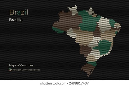 Brazil Hexagon Map with Camouflage Color Regions, Brasilia Highlighted