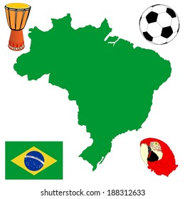 Brazil high detailed green vector map and flag isolated on white background. Silhouette illustration. Soccer ball, drum and Macaw parrot had, symbols of Brazil. 