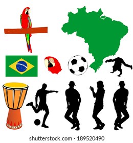 Brazil high detailed green vector map and flag isolated on white background. Silhouette illustration. Soccer ball, drum and Macaw parrot had, symbols of Brazil. 