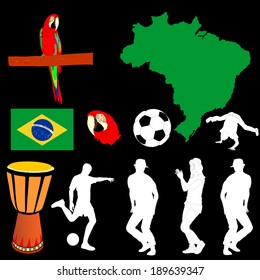 Brazil high detailed green vector map and flag isolated on black background. Silhouette illustration. Soccer Ball, drum and macaw parrot had symbols of Brazil. Street dancing people silhouette.