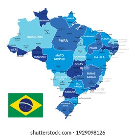 
Brazil highly detailed map. Vector blue illustration with borders, cities and national flag