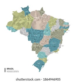 Brasilien hoch detaillierte Karte mit Unterteilungen. Verwaltungskarte von Brasilien mit dem Namen der Bezirke und Städte, farbig nach Staaten und Verwaltungsbezirken. Vektorgrafik.