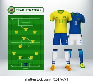 Brazil home and away soccer jersey kit set with team statistics board on backdrop. Concept for south America match tournament result background in vector illustrative