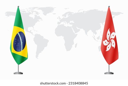 Banderas de Brasil y Hong Kong para una reunión oficial en el fondo del mapa mundial, vector