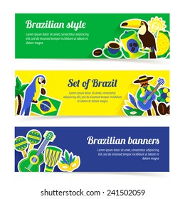Brazil horizontal banner set with brazilian music nature and travel symbols isolated vector illustration