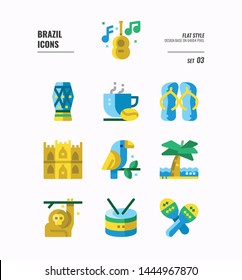 Brazil icon set 3. Include music, animal, landmark, coffee and more. Flat icons Design. vector