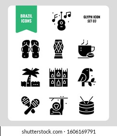 Brazil icon set 3. Include music, animal, landmark, coffee and more. Glyph icons Design. vector