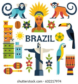 Brazil Icons Collection. Vector Illustration With Brazilian Culture And Nature Icons, Including Toucan, Monkey, Woman In Carnival Costume And Shanty Towns In Trendy Flat Style. Isolated On White.