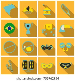 Brazil icons collection. Vector illustration with Brazilian culture and nature icons, including toucan, monkey, woman in carnival costume and shanty towns in trendy flat style. Isolated on white.