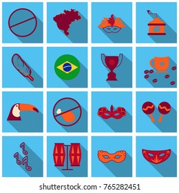 Brazil icons collection. Vector illustration with Brazilian culture and nature icons, including toucan, monkey, woman in carnival costume and shanty towns in trendy flat style. Isolated on white.