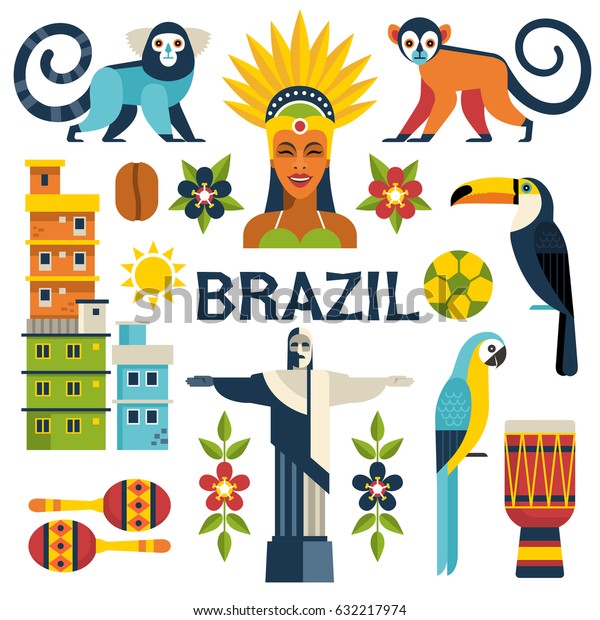 ブラジルのアイコンコレクション トゥーカン 猿 カーニバルの衣装を着た女性 トレンディな平らなスタイルのシャンティーな町など ブラジル の文化と自然のアイコンを持つベクターイラスト 白い背景に のベクター画像素材 ロイヤリティフリー