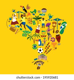 Brazil Icons, dance, soccer, fun, nature, food, Brazilian Map (vector Art) 