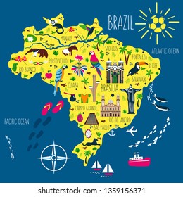 Brazil illustrated flat map vector, South America geographic cartoon banner template with landmarks, museum, church, traditional food, Brazilian carnival, animal and flowers, design for travel poster