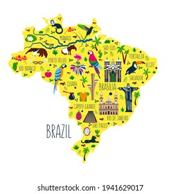 Brazil illustrated flat map vector, South America geographic cartoon banner template with landmarks, museum, church, traditional food, Brazilian carnival, animal and flowers, design for travel poster