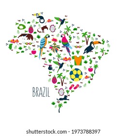 Brazil illustrated flat map vector, South America geographic cartoon banner template with animals, flowers, symbols, traditional food, Brazilian carnival, design for travel posters isolated on white